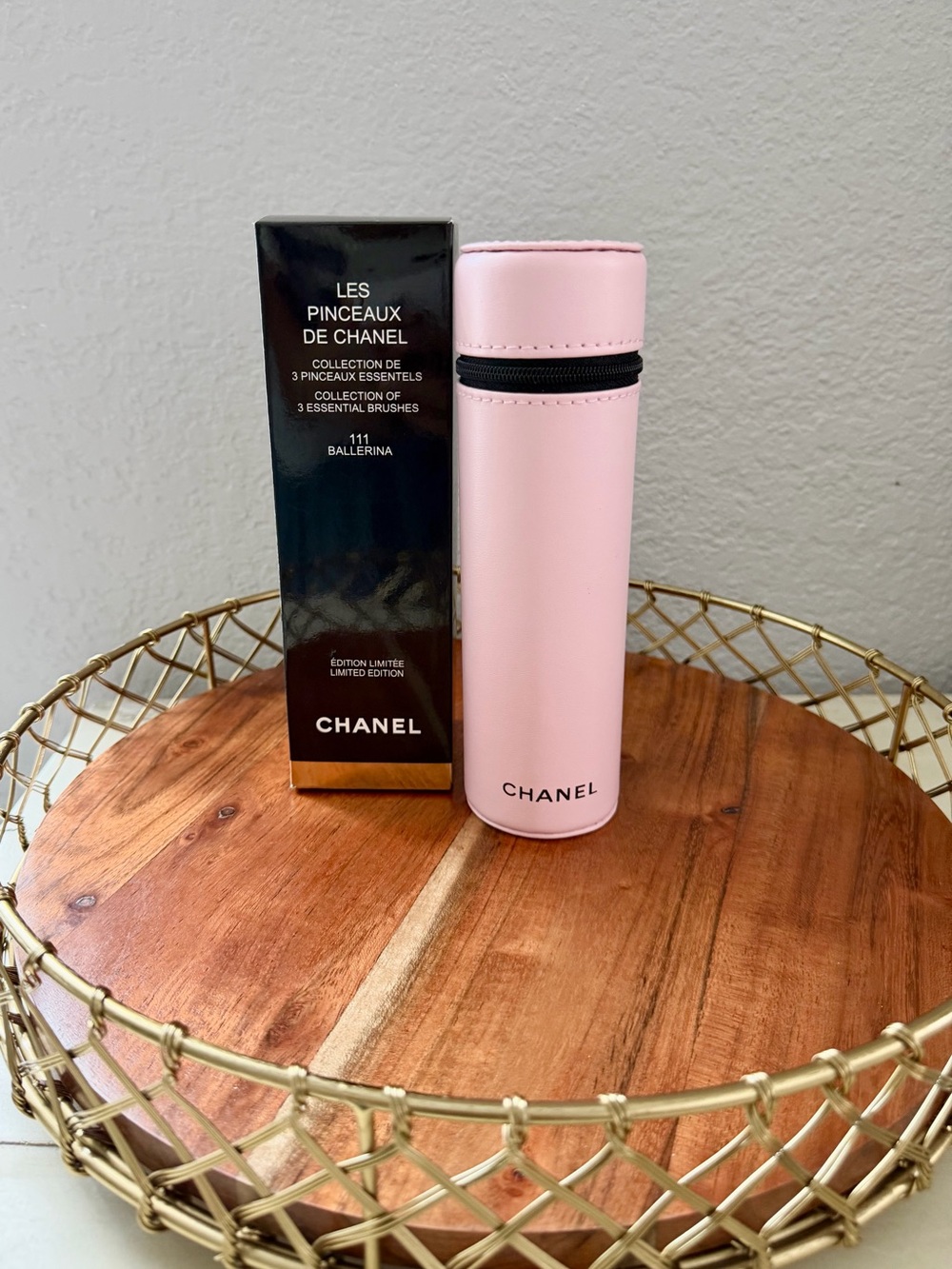 CHANEL Pink Cylindrical Leather Brush Case